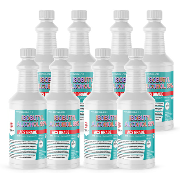 8x1 quart bottles of Isobutyl Alcohol 99% ACS Grade in ribbed HDPE containers with NFPA hazard labels and Alliance Chemical