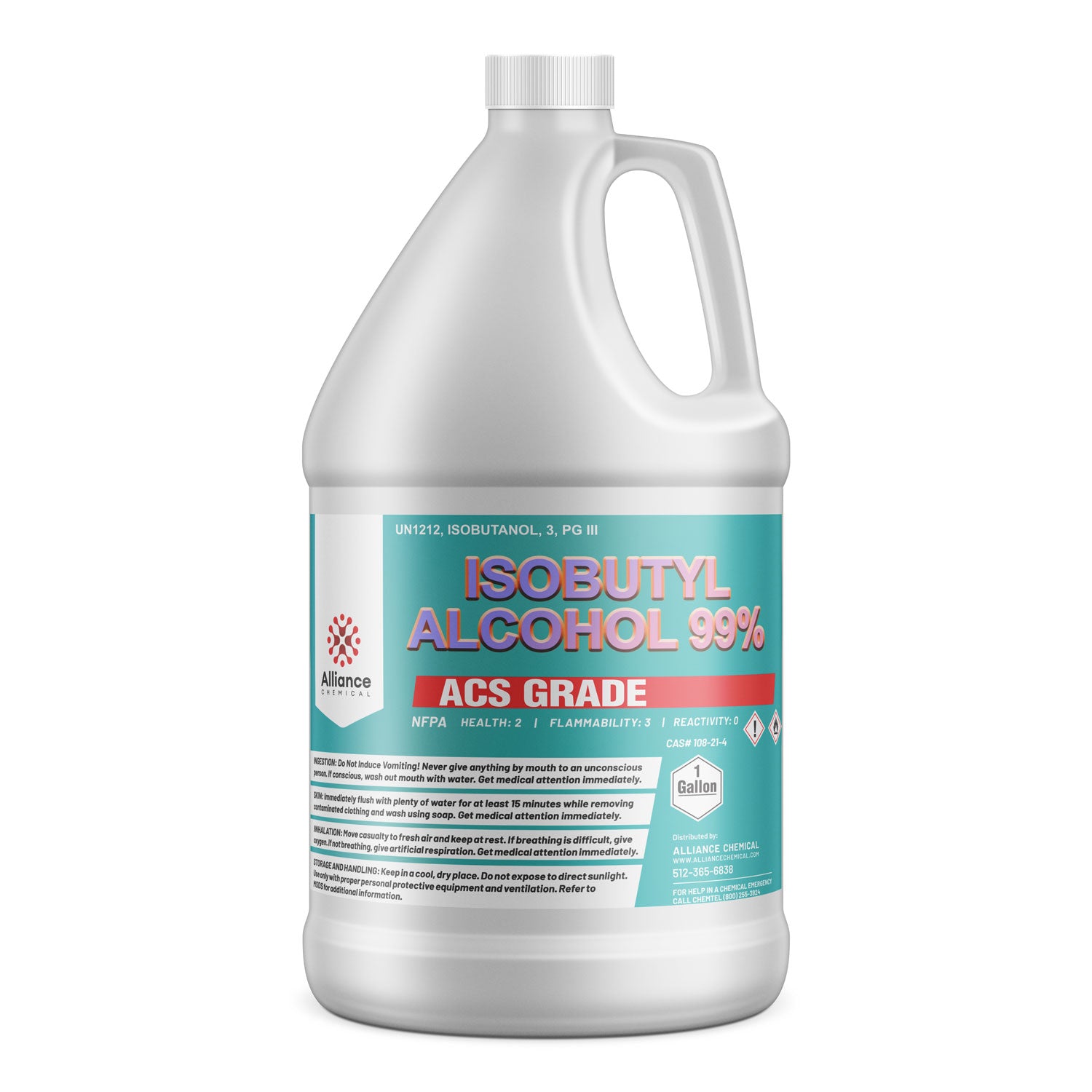 One-gallon HDPE container of Isobutyl Alcohol 99% ACS Grade by Alliance Chemical, featuring NFPA diamond, UN1212 marking, and safety warnings.