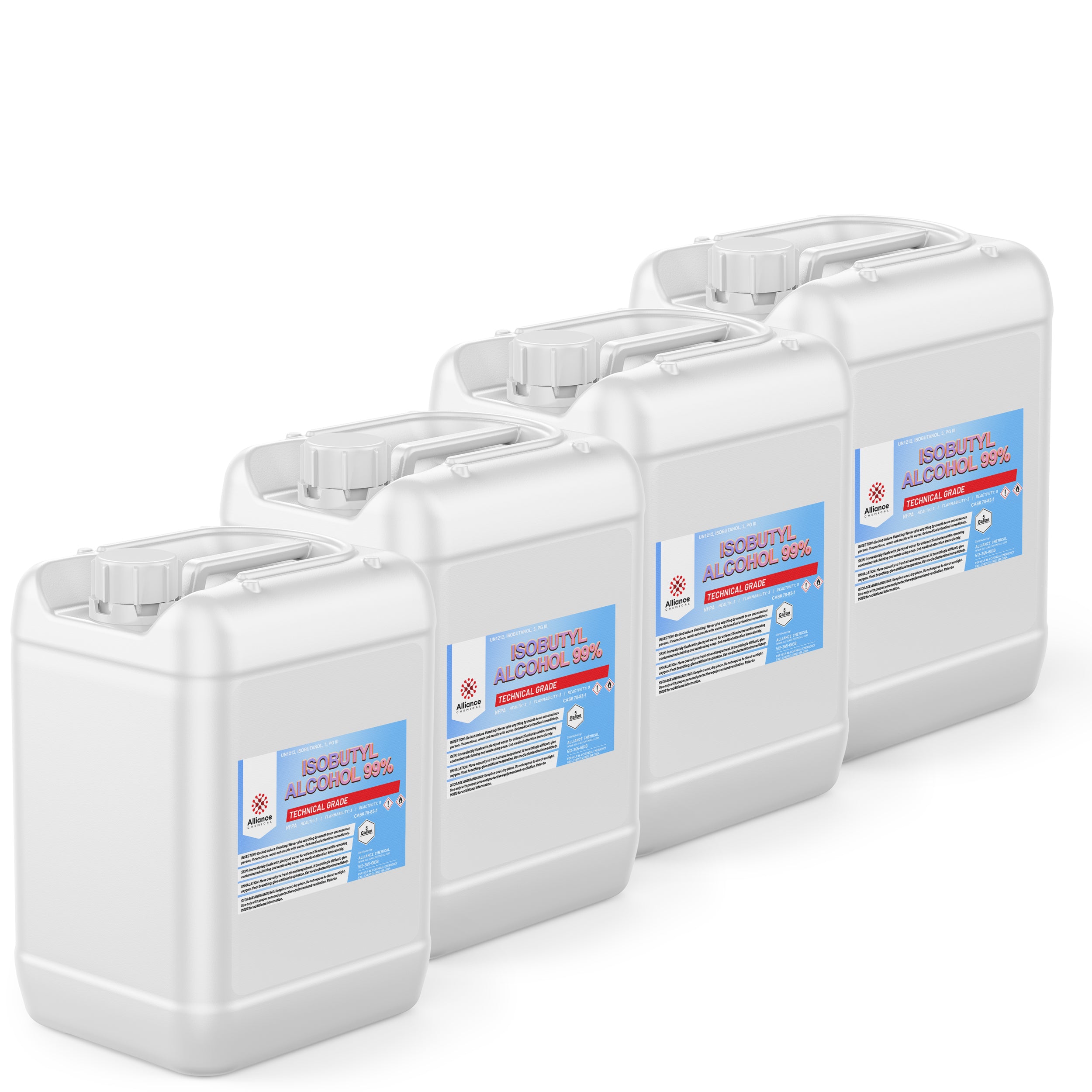 4x5-gallon HDPE jugs of Isobutyl Alcohol 99% Technical Grade, white square containers with blue labels, UN-approved chemical storage containers with screw caps.