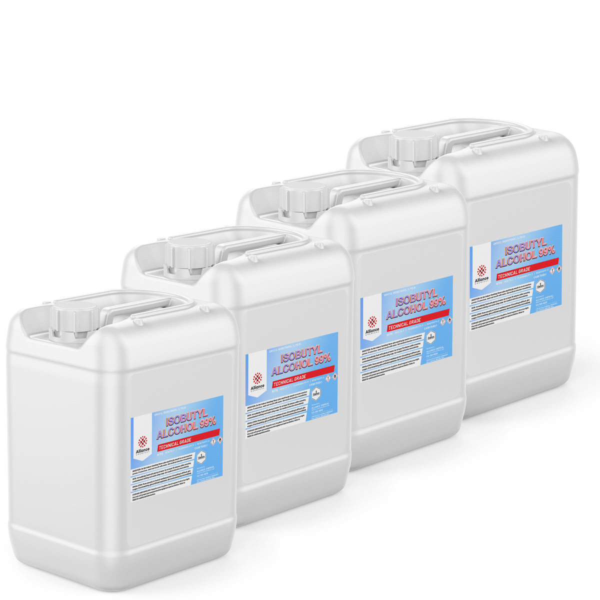 Four 5-gallon HDPE jugs of Alliance Chemical Isobutyl Alcohol 99% with labels and integrated handles.