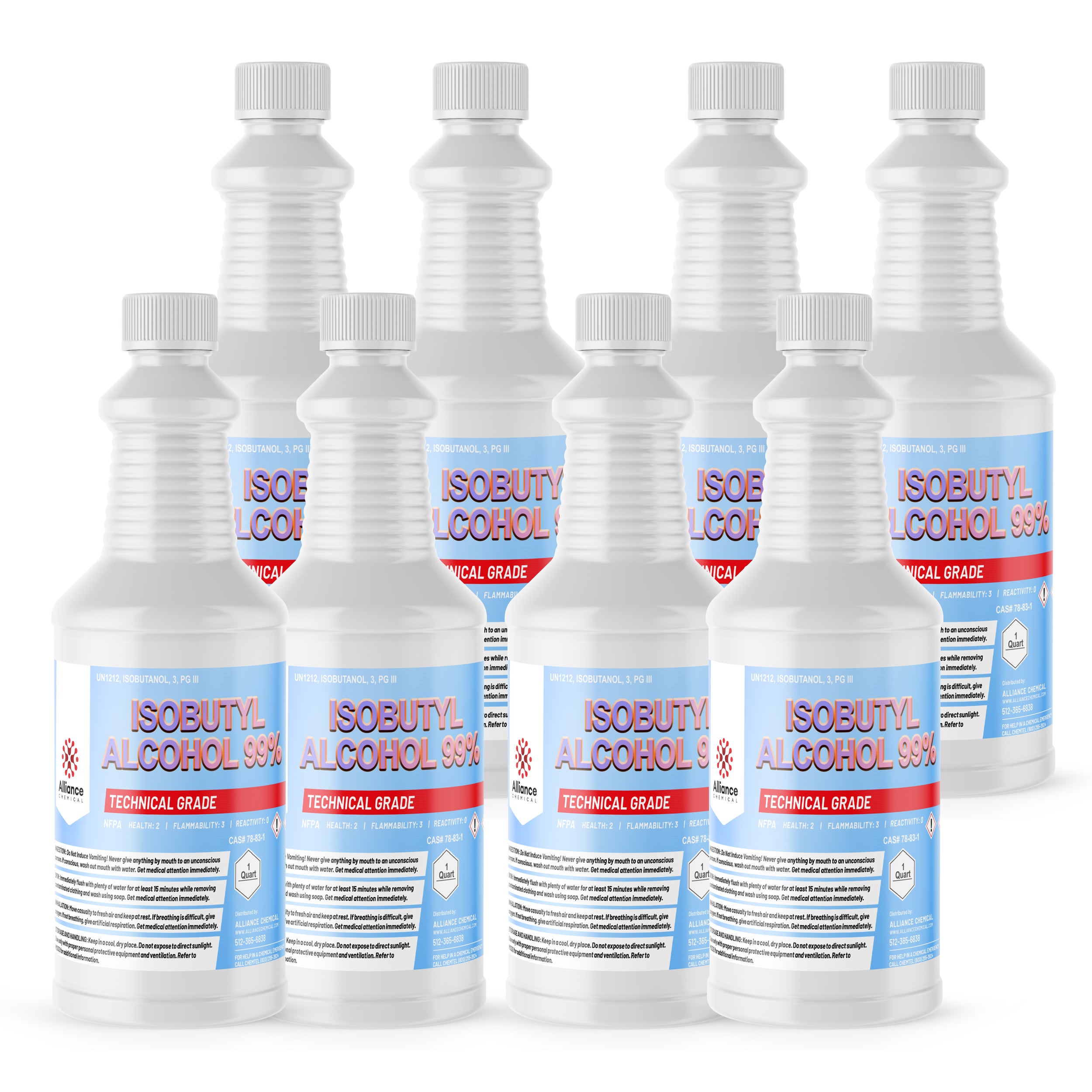8x1 quart bottles of technical-grade Isobutyl Alcohol 99%, shown in clear plastic containers with white caps, flammability warnings and chemical safety labels.