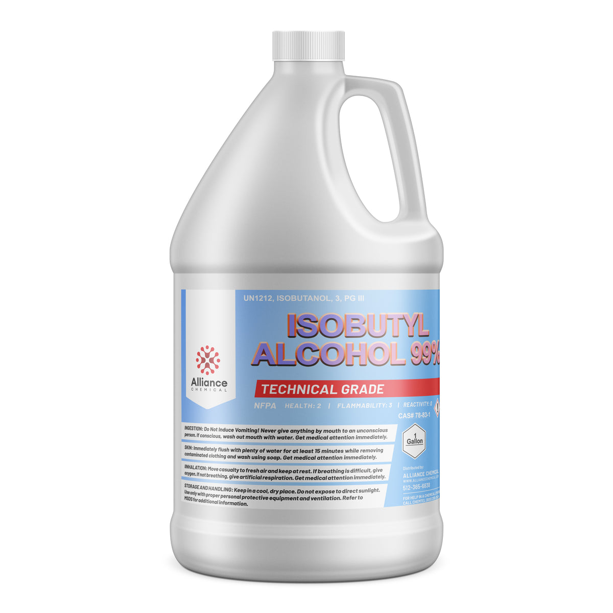 Alliance Chemical One-gallon HDPE jug of technical-grade Isobutyl Alcohol 99% NFPA diamond, and safety warnings for UN1212