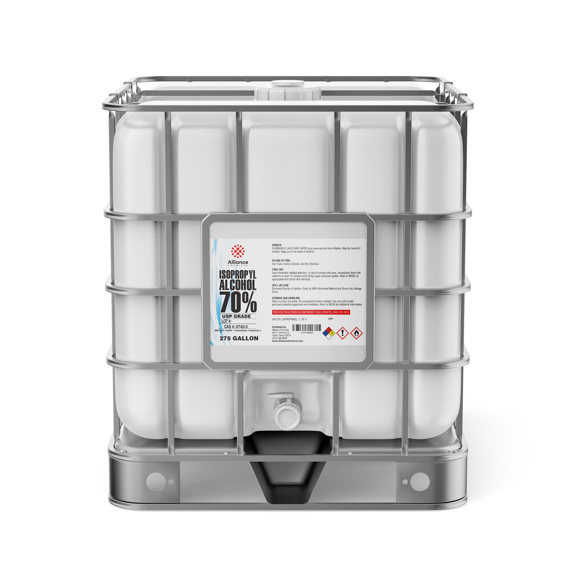 275-gallon IBC tote of 70% USP-grade isopropyl alcohol in white HDPE container with steel cage, spigot valve, and NFPA safety labeling.