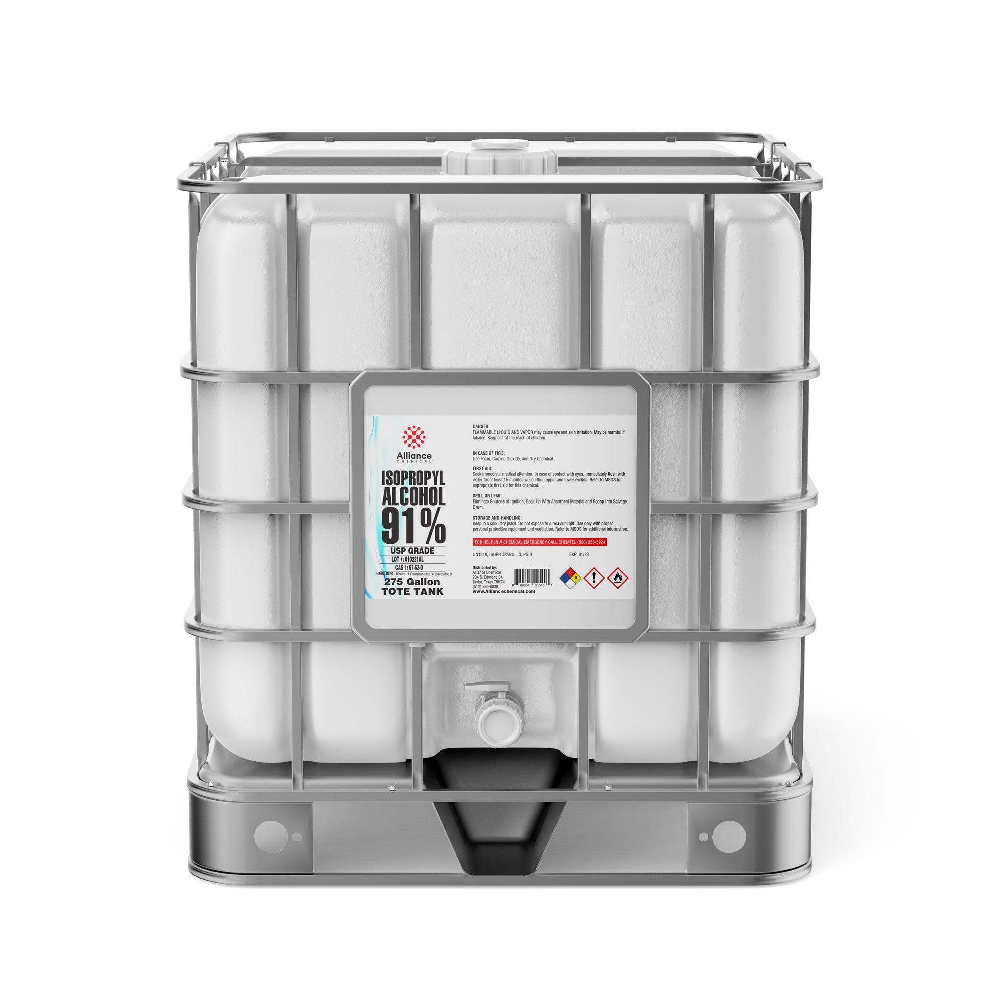 275-gallon tote tank of USP-grade 91% Isopropyl Alcohol in white IBC container with metal cage, hazmat warning symbols, and bottom discharge valve.