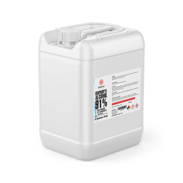 5-gallon HDPE pail of USP-grade 91% Isopropyl Alcohol with Alliance Chemical label and secure screw-cap closure