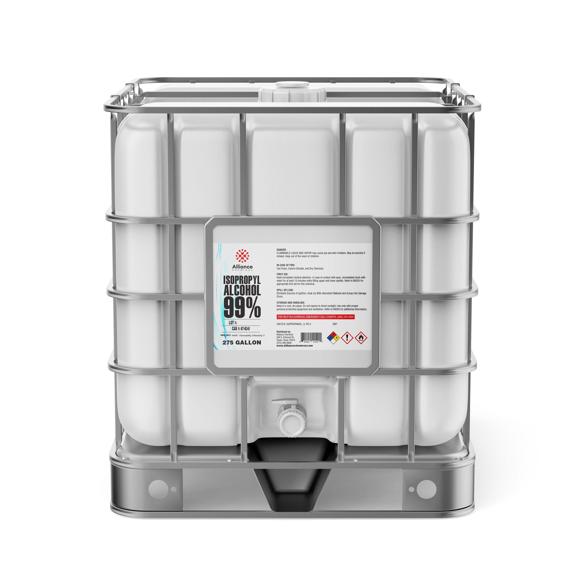 275-gallon IBC tote of 99% Isopropyl Alcohol with UN-approved cage, Alliance Chemical label, integrated spigot, and hazmat warning symbols.