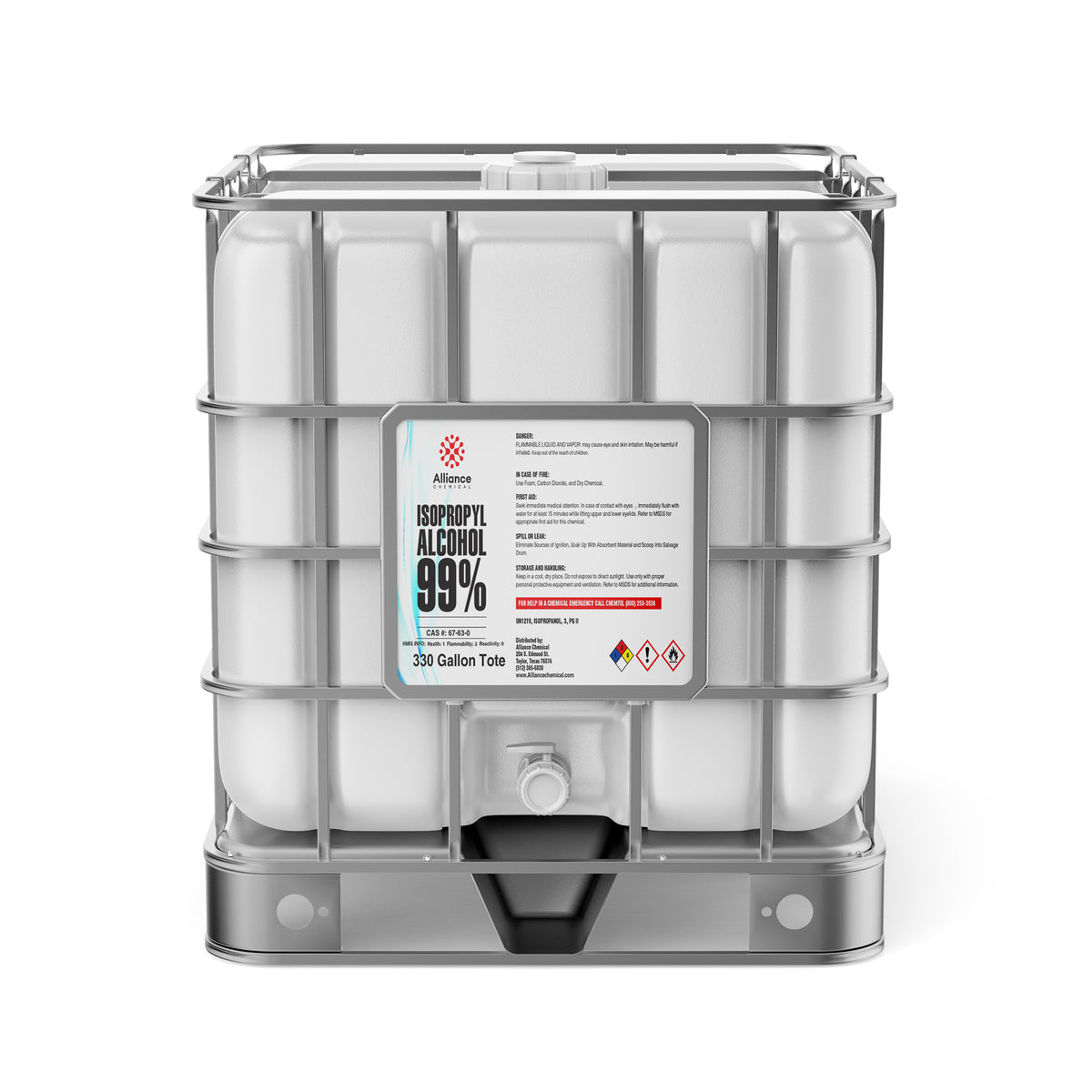 Alliance Chemical Isopropyl Alcohol 99% Technical Grade 330-gallon HDPE tote with steel cage and label.