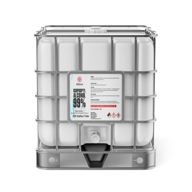 Alliance Chemical Isopropyl Alcohol 99% Technical Grade 330-gallon HDPE tote with steel cage and label.