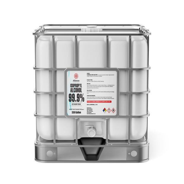 Alliance Chemical Isopropyl Alcohol 99.9% ACS Reagent Grade in a 330-gallon HDPE tote with a steel cage.