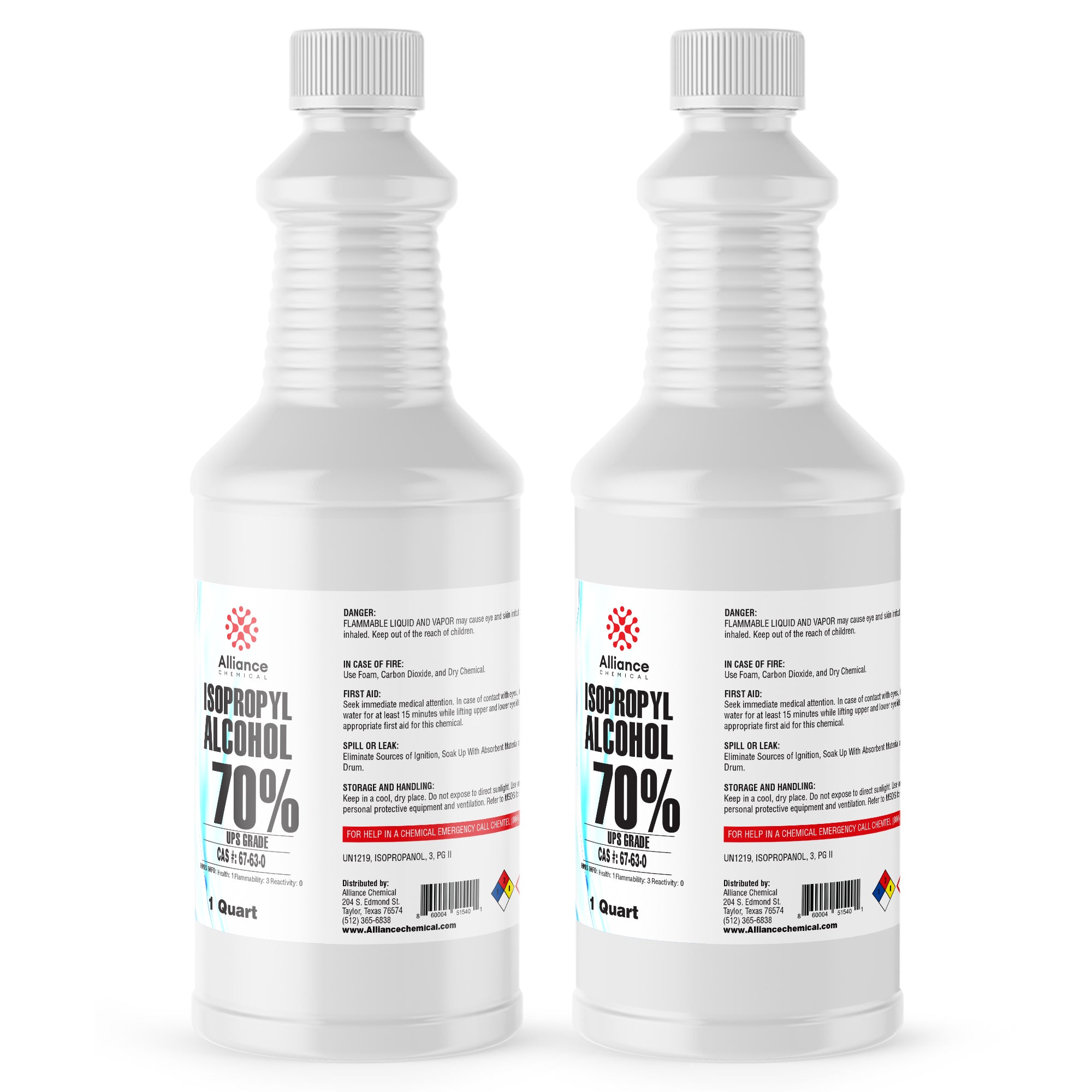 1-quart bottles of Alliance Chemical 70% USP-grade isopropyl alcohol in clear HDPE containers with flammable liquid warning labels and ribbed caps.