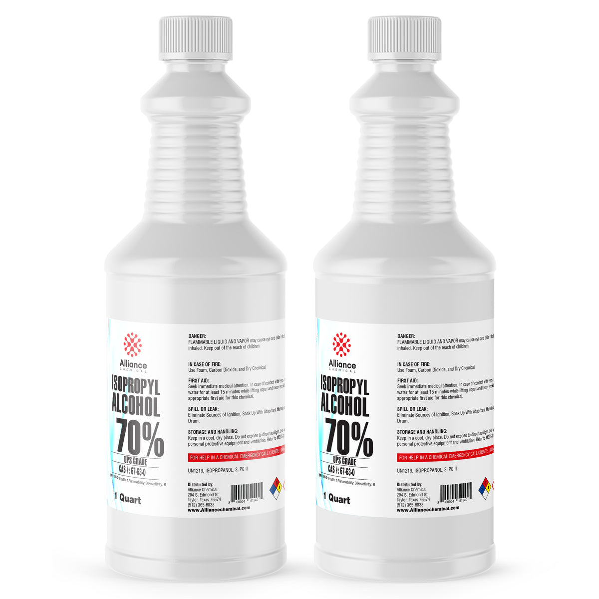 1-quart bottles of Alliance Chemical 70% USP-grade isopropyl alcohol in clear HDPE containers