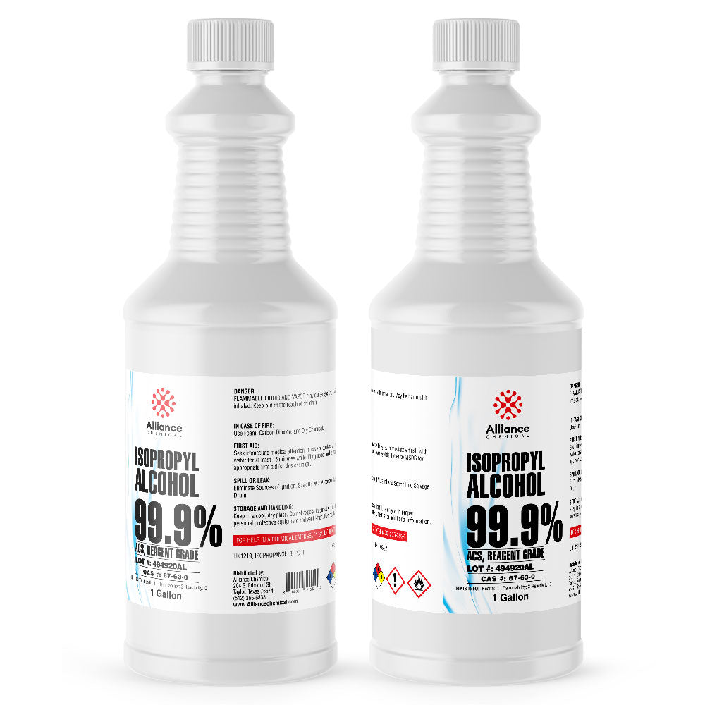 1-gallon bottles of Alliance Chemical 99.9% Isopropyl Alcohol, ACS Reagent Grade, with flammable liquid warning symbols and safety information.