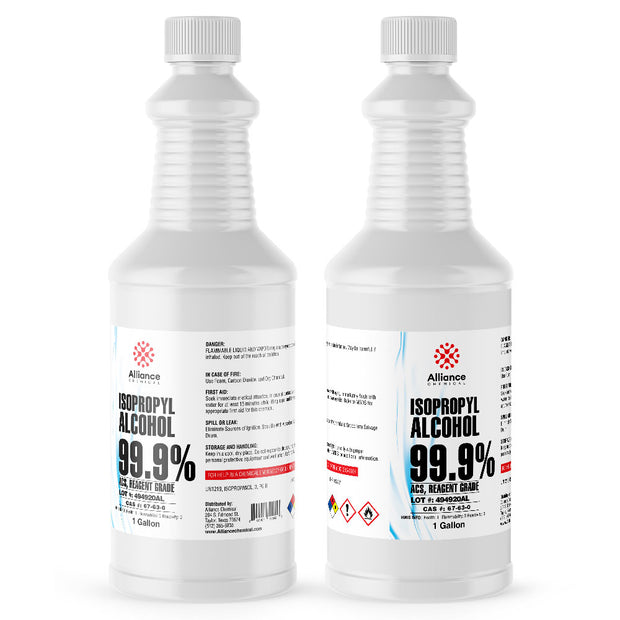 1-gallon bottles of Alliance Chemical 99.9% Isopropyl Alcohol, ACS Reagent Grade, with flammable liquid warning symbols