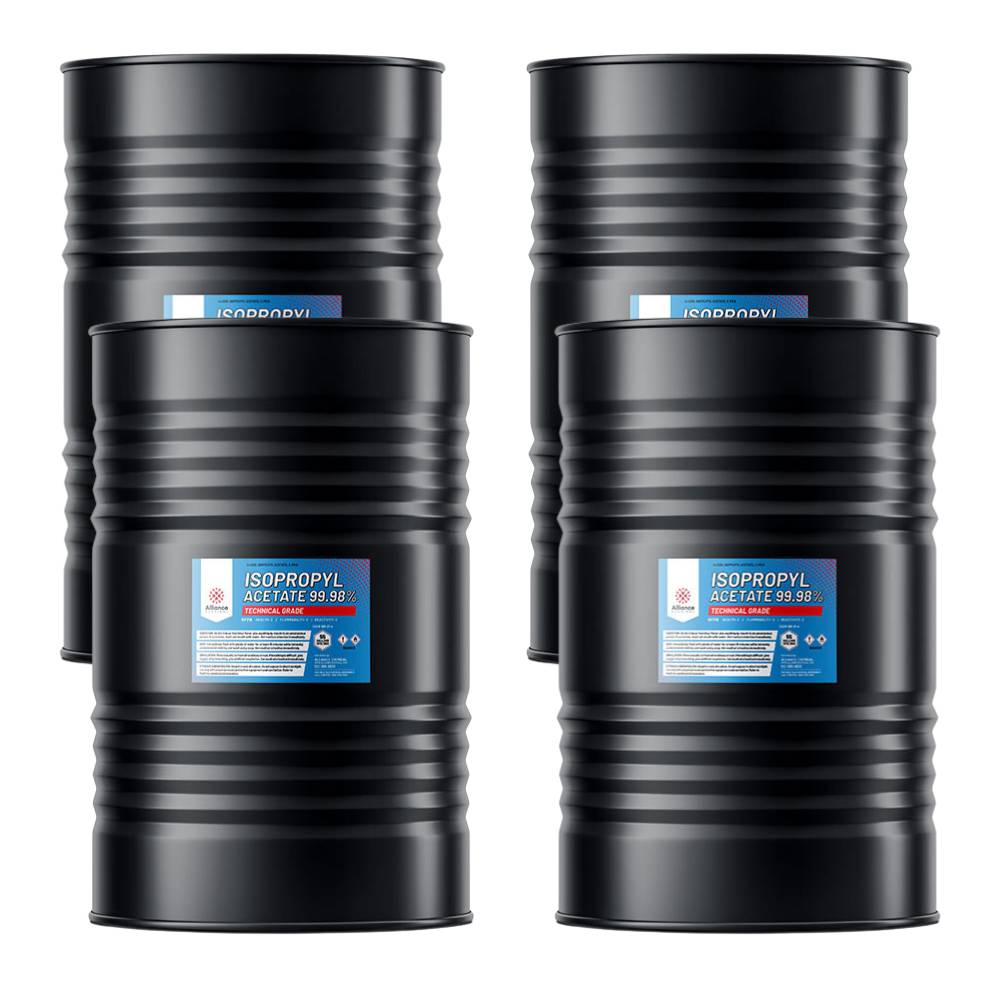 200L black steel drums of Isopropyl Acetate 99.98% technical grade solvent with blue safety labels and GHS warning symbols, industrial chemical storage.