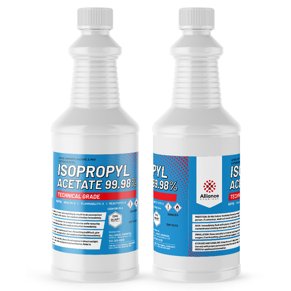 1-quart Isopropyl Acetate 99.98% technical-grade solvent in white HDPE bottle with NFPA diamond, safety warnings and blue Alliance Chemical label.