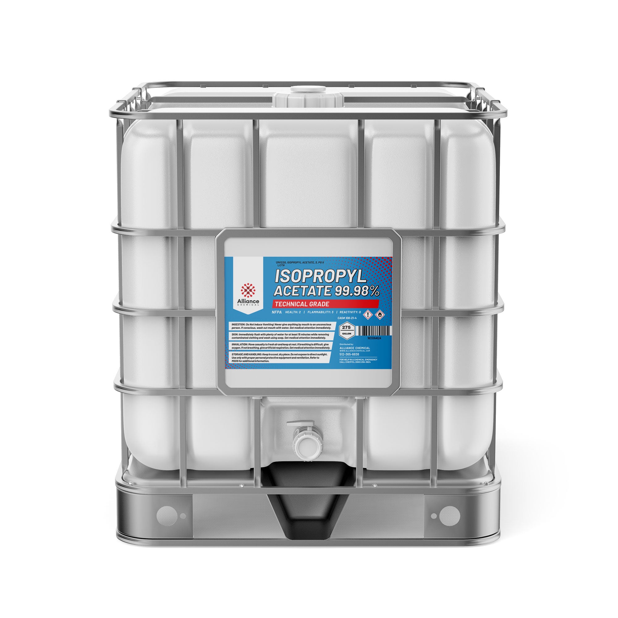 275-gallon IBC tote of technical-grade Isopropyl Acetate 99.98%, white container with metal cage frame, flammability warning symbols, Alliance Chemical brand.