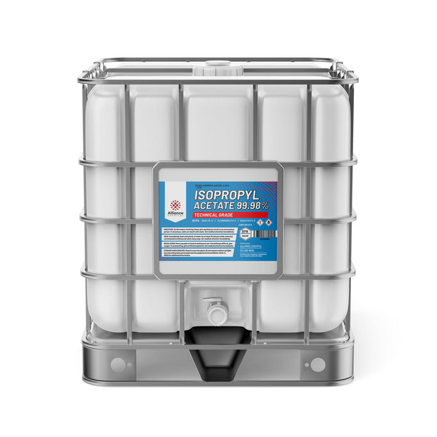 275-gallon IBC tote of technical-grade Isopropyl Acetate 99.98%, white container , flammability warning symbols, Alliance