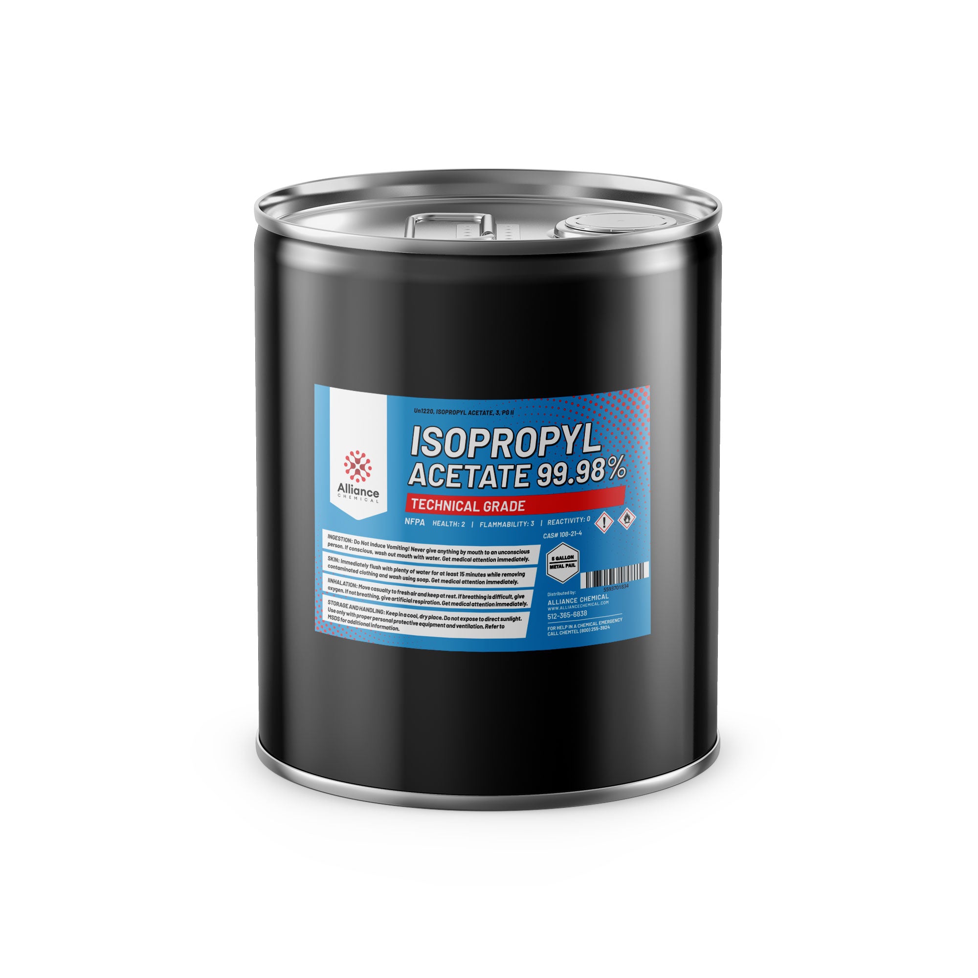 5-gallon black steel drum of technical-grade Isopropyl Acetate 99.98%, featuring NFPA diamond hazard symbols, Alliance Chemical label, and secured lid closure.
