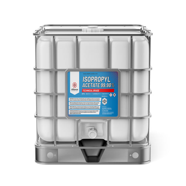 Alliance Chemical 330-gallon plastic tote of Isopropyl Acetate 99.98% with a steel cage and a white cap.