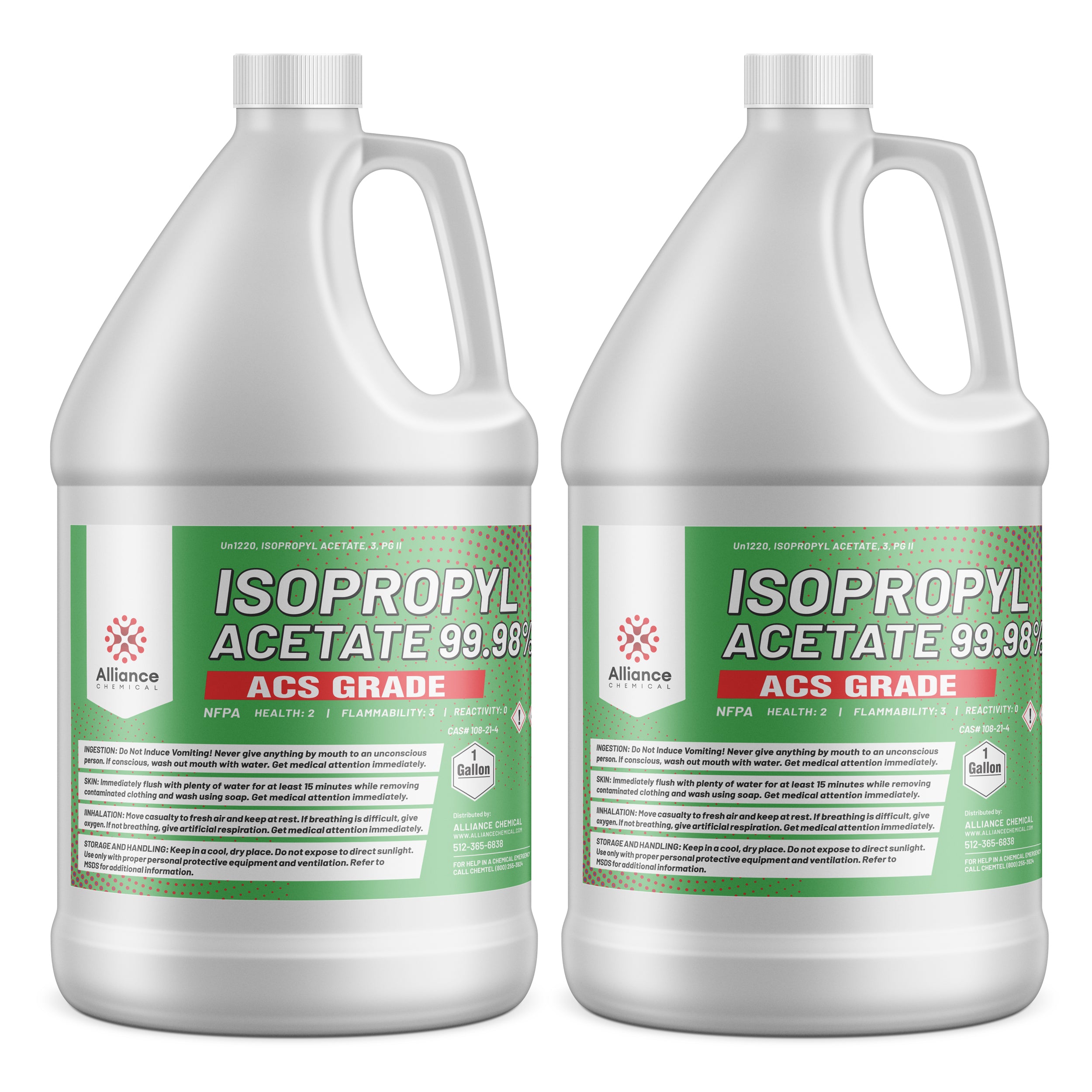 1-gallon HDPE containers of Isopropyl Acetate 99.98% ACS Grade by Alliance Chemical, with NFPA diamond, safety warnings and green product label.