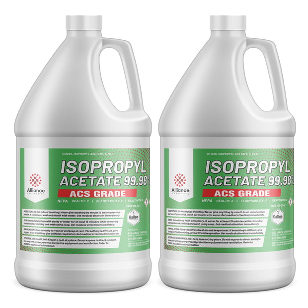 1-gallon HDPE containers of Alliance Chemical Isopropyl Acetate 99.98% ACS Grade, with NFPA diamond, safety warnings