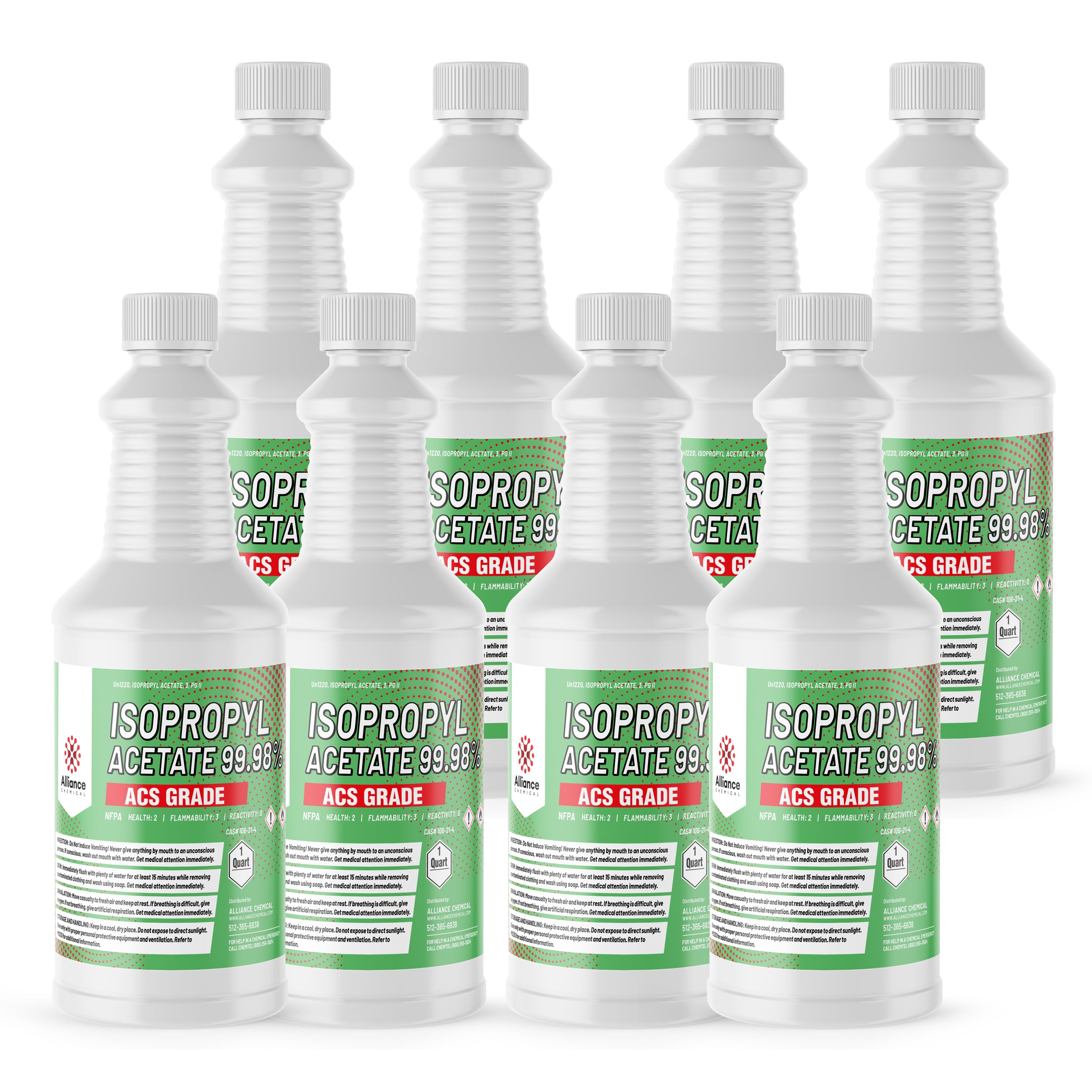 1-quart bottles of Isopropyl Acetate 99.98% ACS Grade solvent, white HDPE containers with green labels, NFPA diamond, flammability warnings, tamper-evident caps.