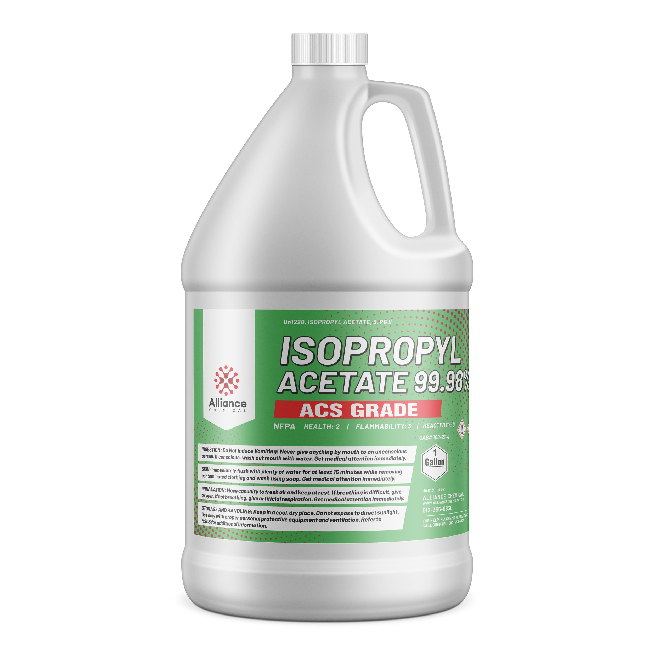 One-gallon HDPE jug of Isopropyl Acetate 99.98% ACS Grade, featuring Alliance Chemical branding, NFPA diamond, and safety warnings on green-labeled container.