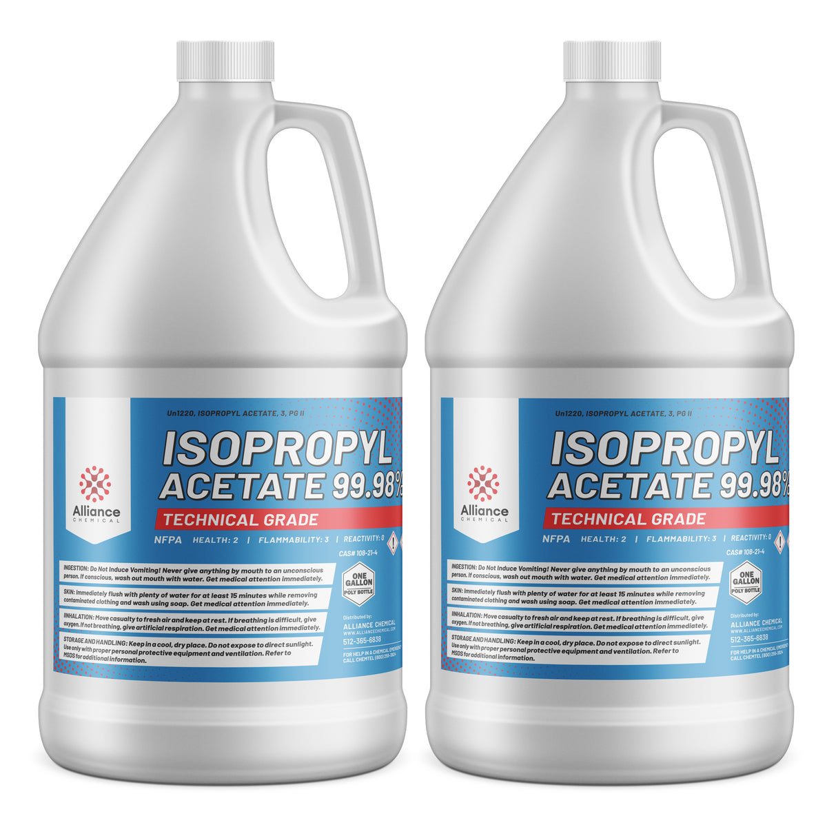 1-gallon HDPE jugs of Technical Grade Isopropyl Acetate 99.98%, with NFPA diamond (2-3-0), Alliance Chemical branding