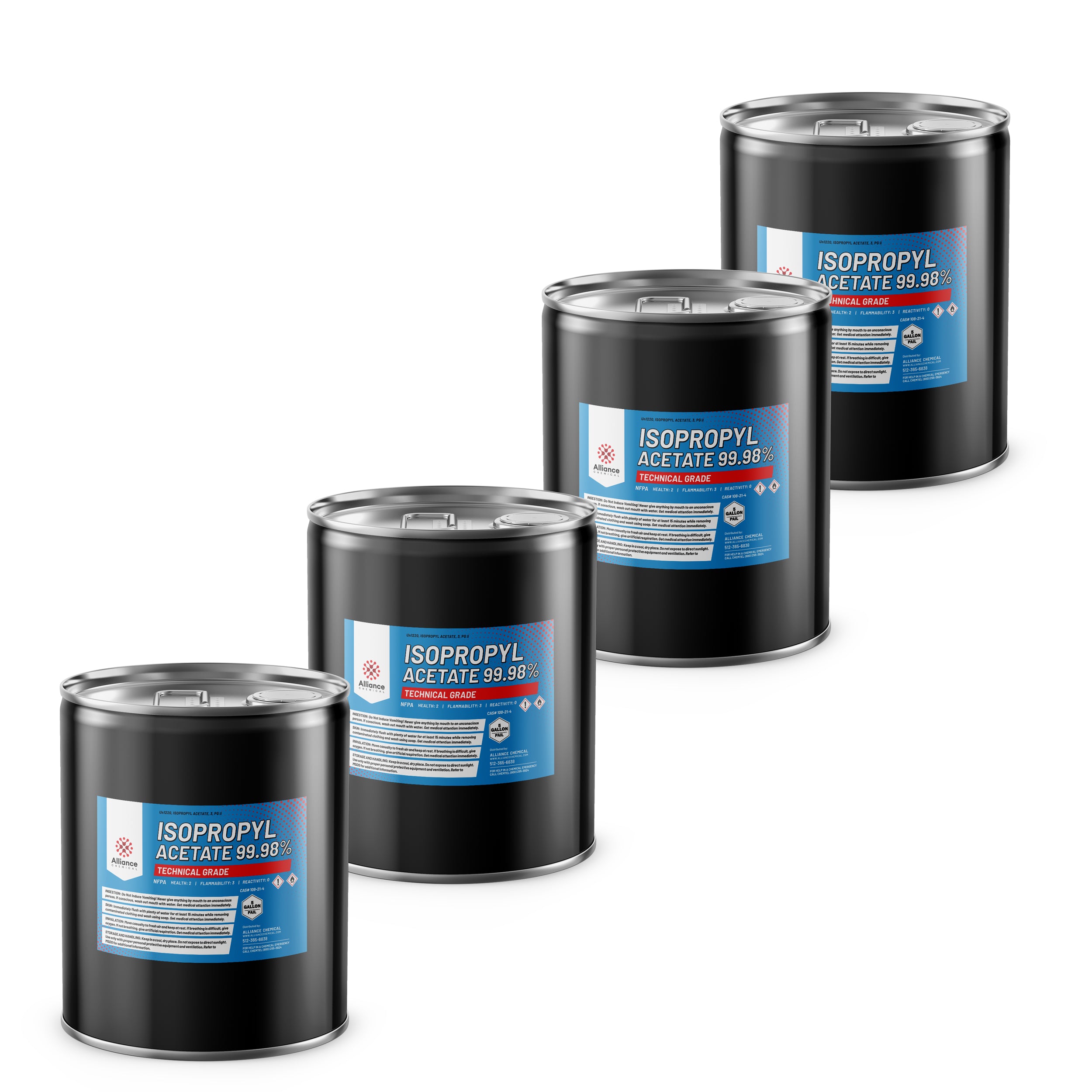 55-gallon black steel drums of Technical Grade Isopropyl Acetate 99.98%, featuring blue-labeled hazard warnings, flammability symbols and chemical specifications.