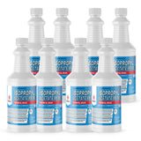 Seven 1-quart plastic bottles of Alliance Chemical Isopropyl Acetate 99.98% with white screw caps and product labels