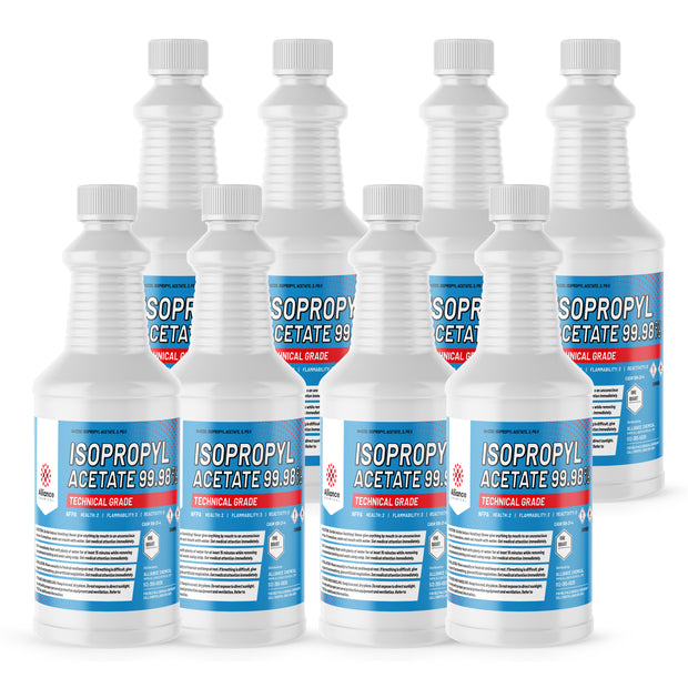 Seven 1-quart plastic bottles of Alliance Chemical Isopropyl Acetate 99.98% with white screw caps and product labels