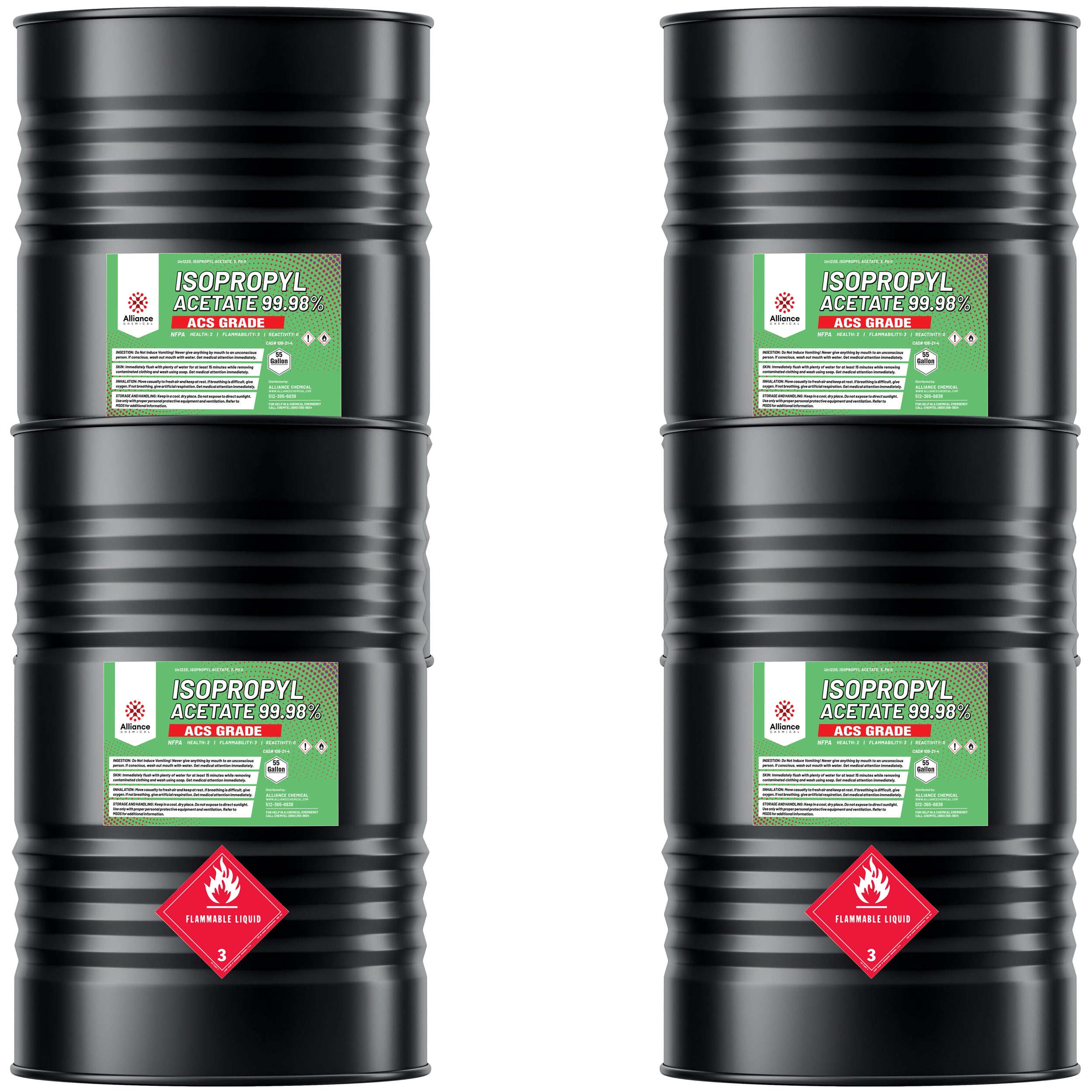 55-gallon black steel drums of ACS-grade Isopropyl Acetate 99.98%, featuring Alliance Chemicals green label and Class 3 Flammable Liquid warning diamond.