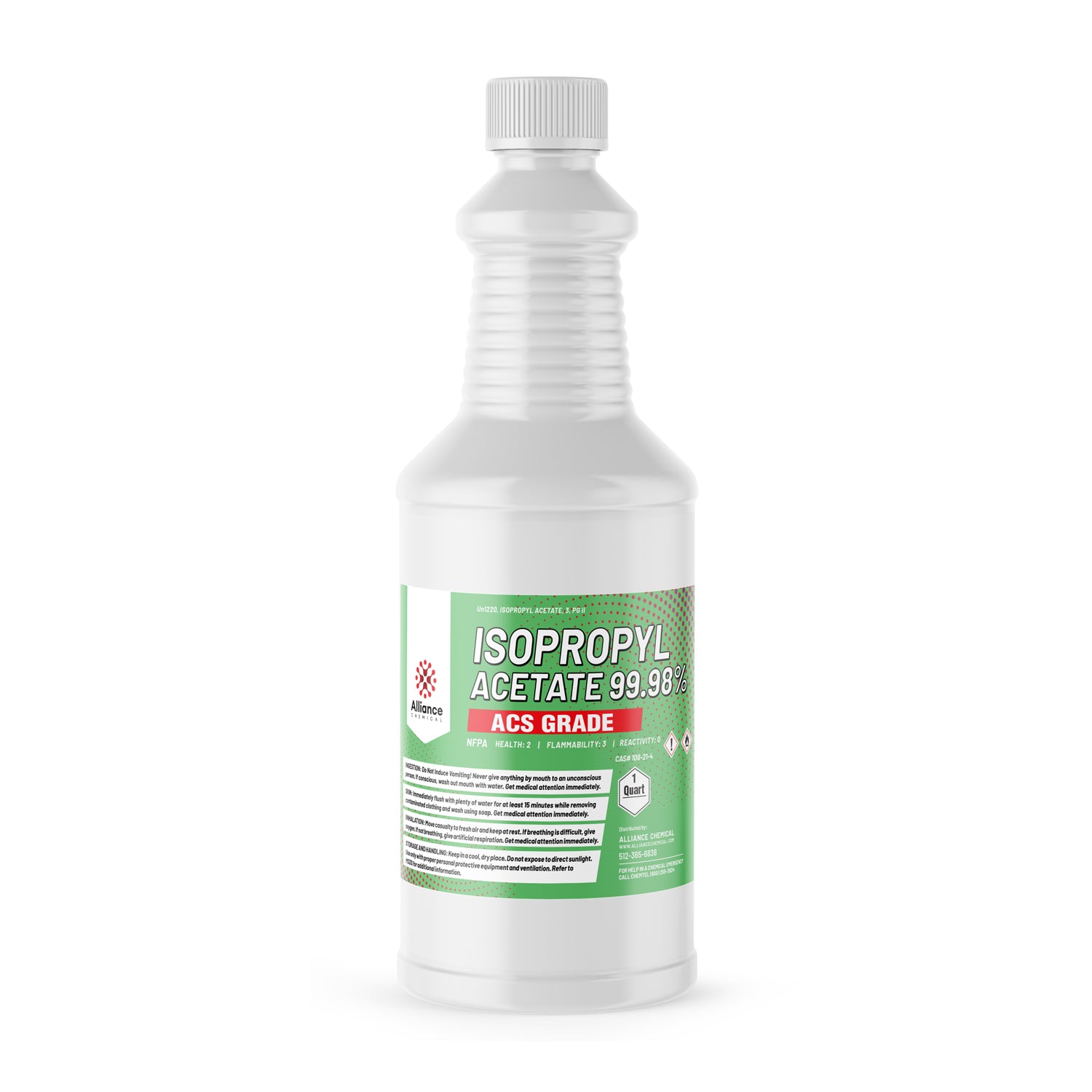 1-quart white plastic bottle of Isopropyl Acetate 99.98% ACS Grade chemical with NFPA safety diamonds, Alliance Chemical brand, green label.