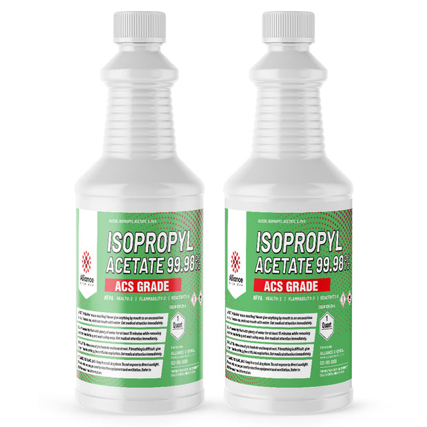 1-quart bottles of Isopropyl Acetate 99.98% ACS Grade solvent in HDPE containers, NFPA diamond warnings, Alliance Chemical