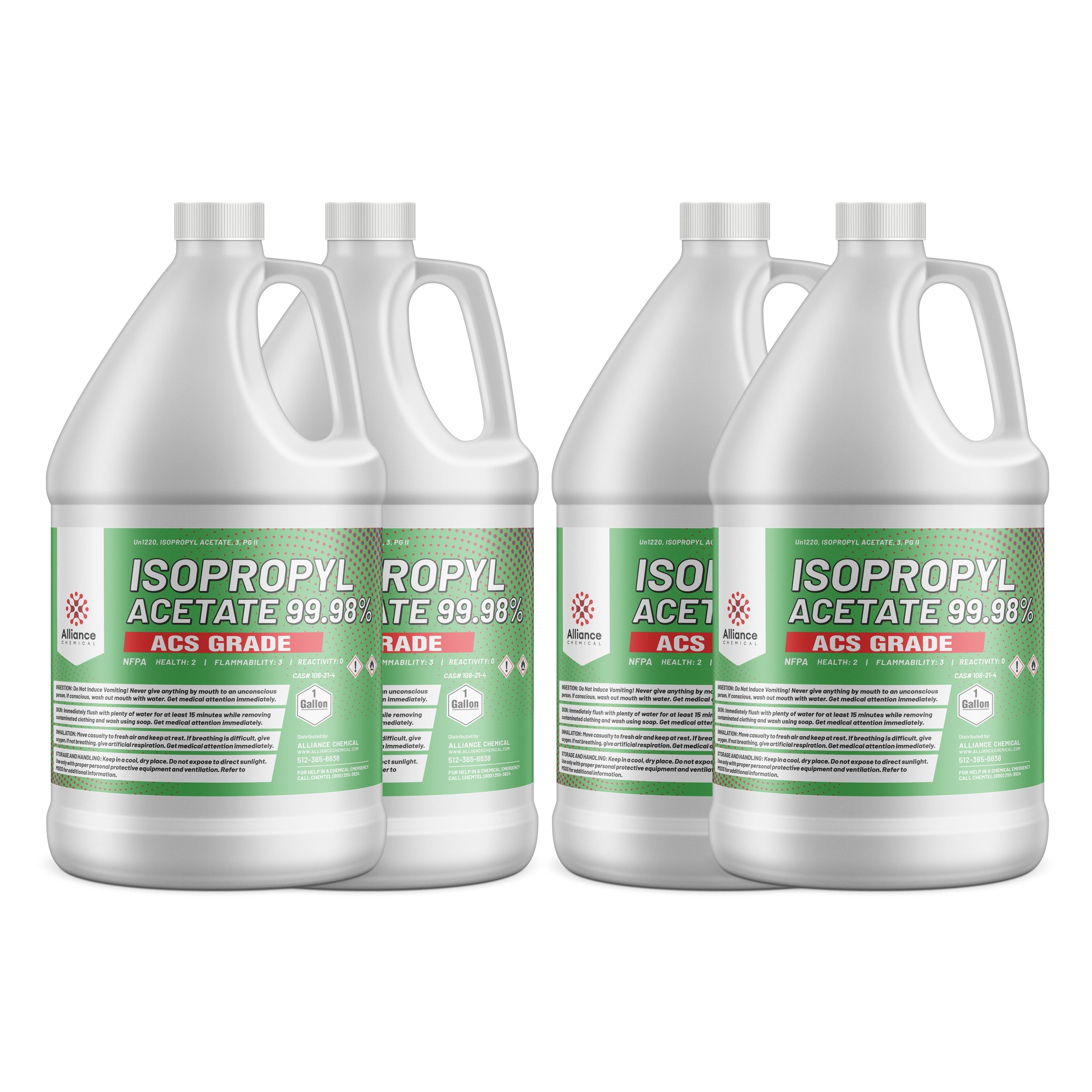 4x1-gallon HDPE jugs of Isopropyl Acetate 99.98% ACS Grade, featuring green labels, NFPA diamond warnings, and white screw-cap closures, manufactured by Alliance Chemical.