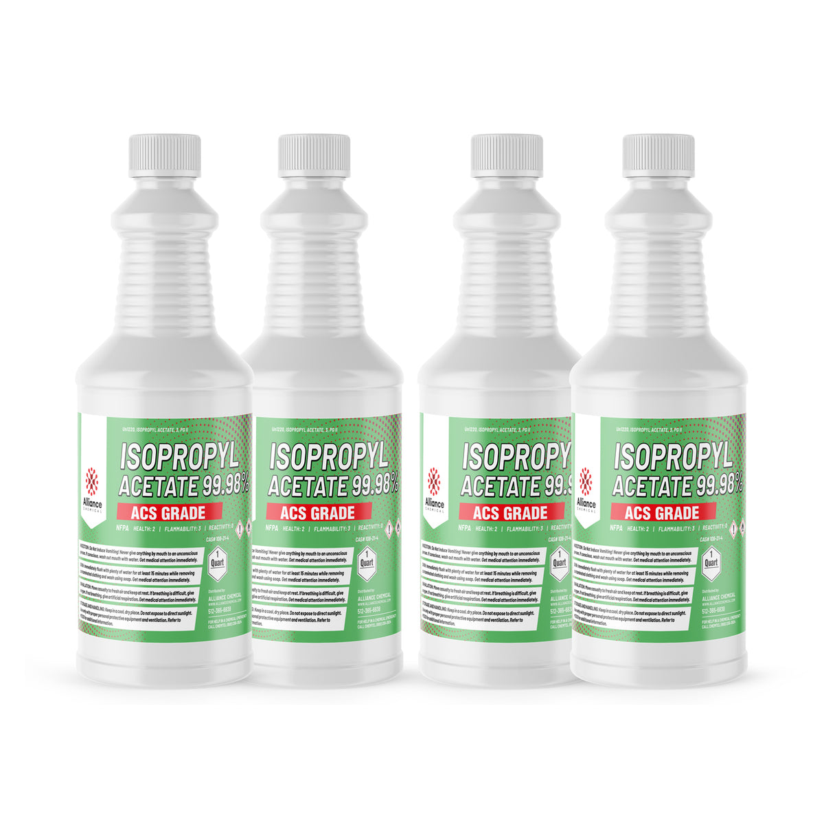 Four 1-quart plastic bottles of Alliance Chemical Isopropyl Acetate 99.98% ACS Grade with labels and white screw caps.