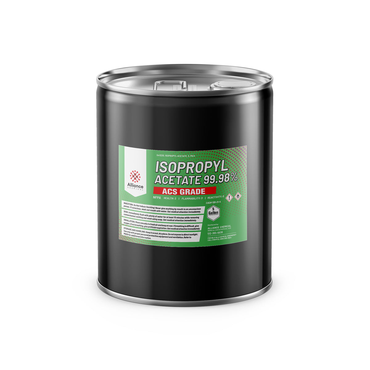 5-gallon black steel drum of Isopropyl Acetate 99.98% ACS Grade with NFPA diamond, flammability warnings, and green Alliance