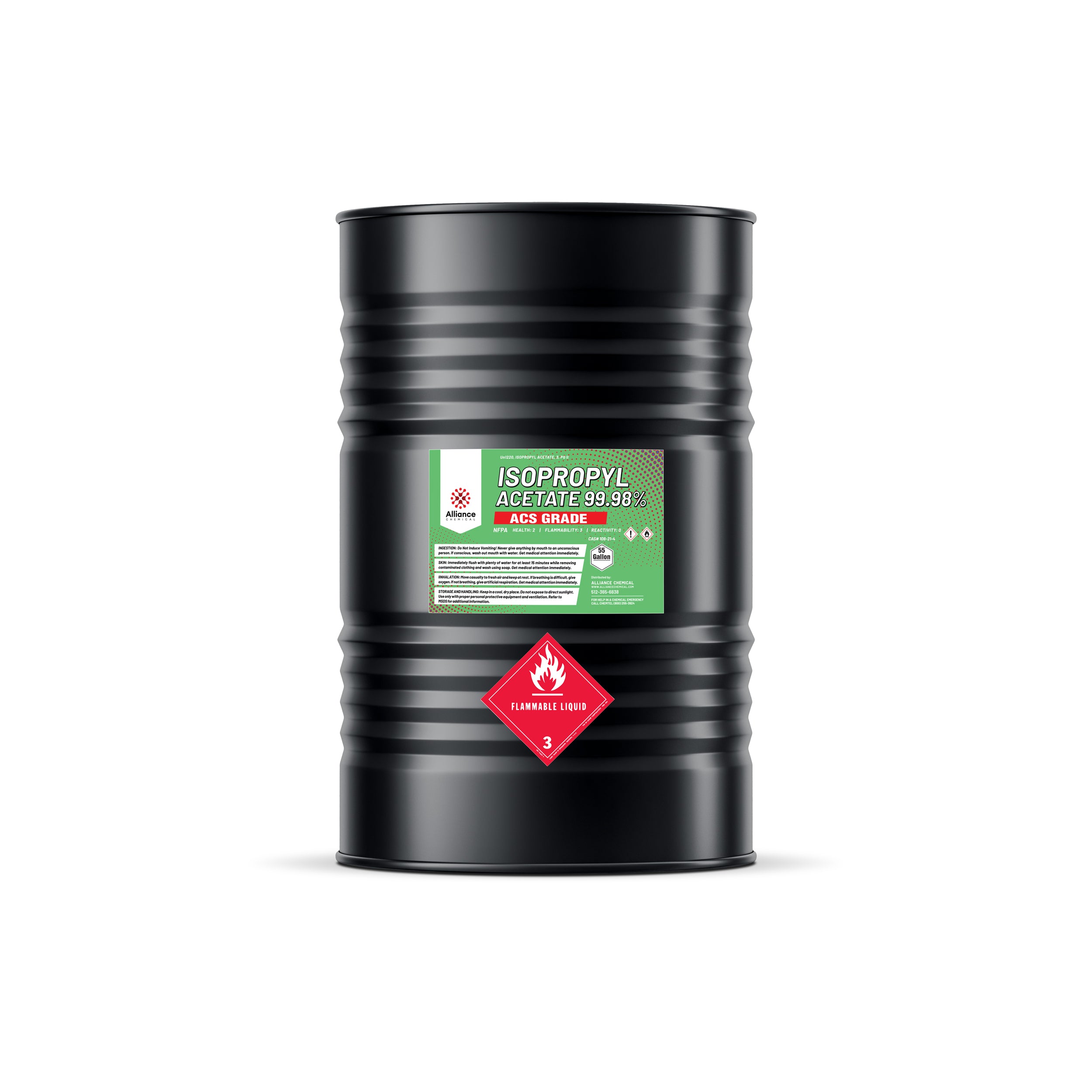 55-gallon black steel drum of Isopropyl Acetate 99.98% ACS Grade with green Alliance Chemical label, Class 3 flammable liquid warning diamond, industrial solvent.