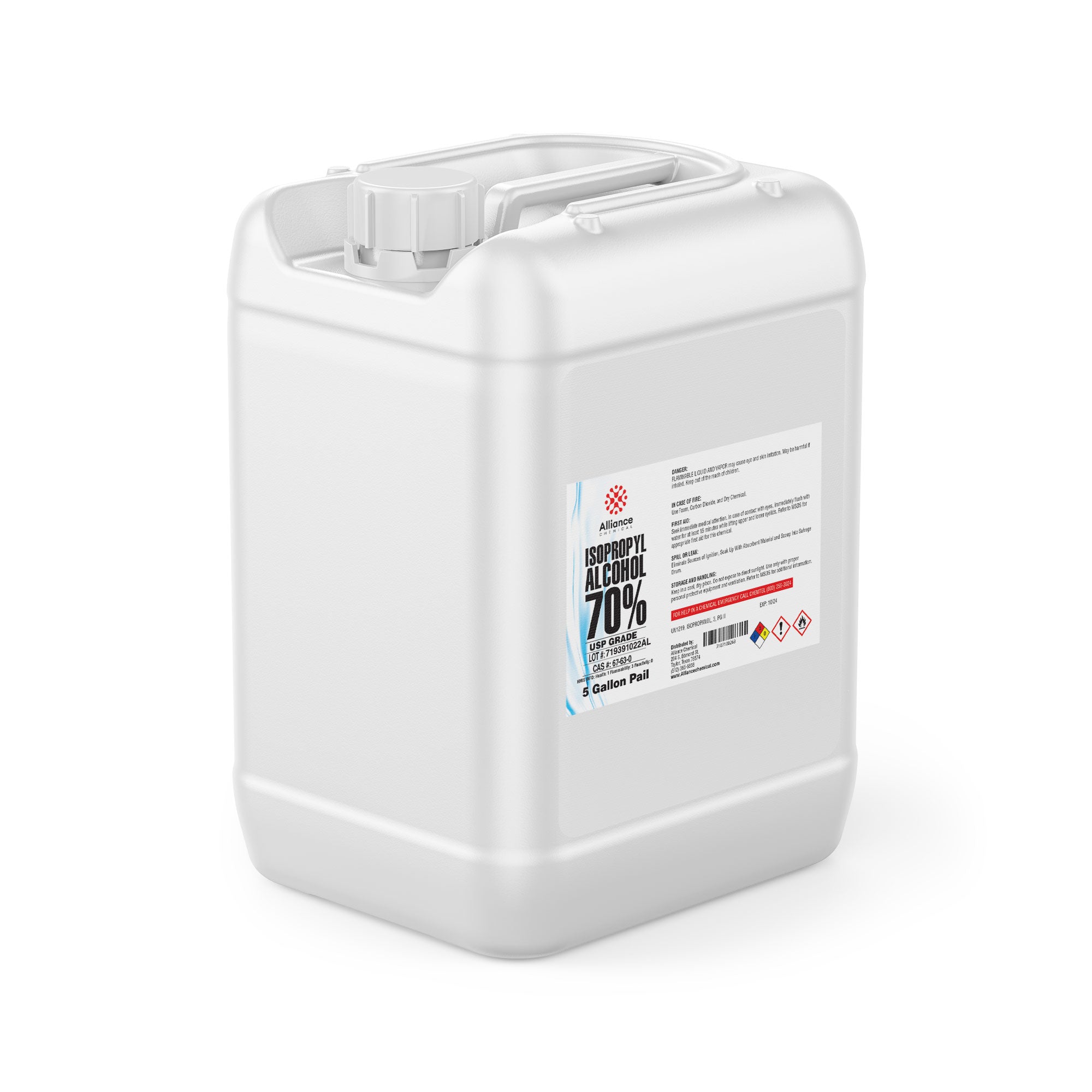 5-gallon white HDPE pail of 70% USP-grade isopropyl alcohol by Alliance Chemical, featuring safety warning symbols and industrial labeling.