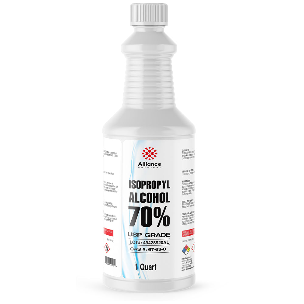 1-quart bottle of Alliance Chemical 70% USP-grade isopropyl alcohol in white HDPE container with safety warnings and CAS identification.