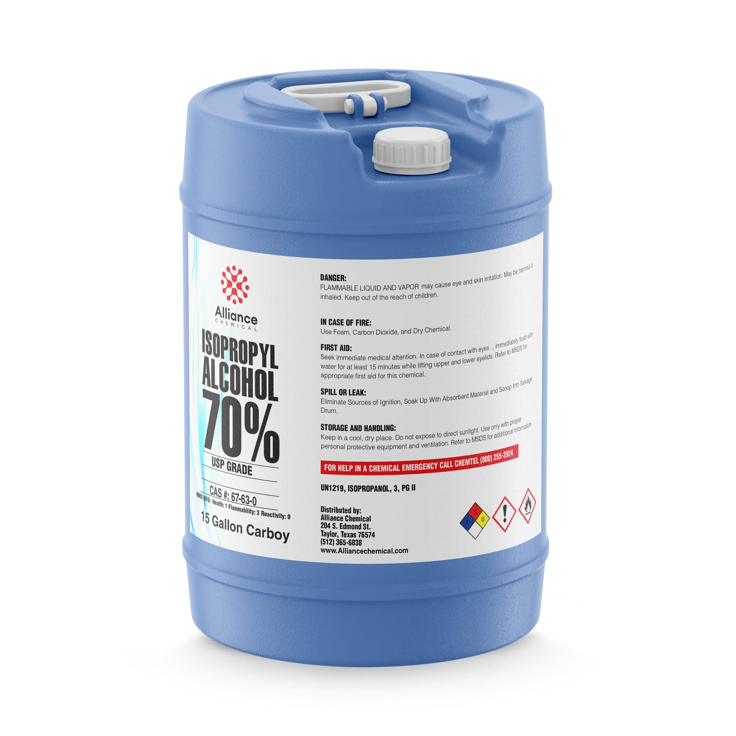 15-gallon blue carboy of 70% USP-grade Isopropyl Alcohol with flammable liquid warning labels, safety instructions, and secure cap system.