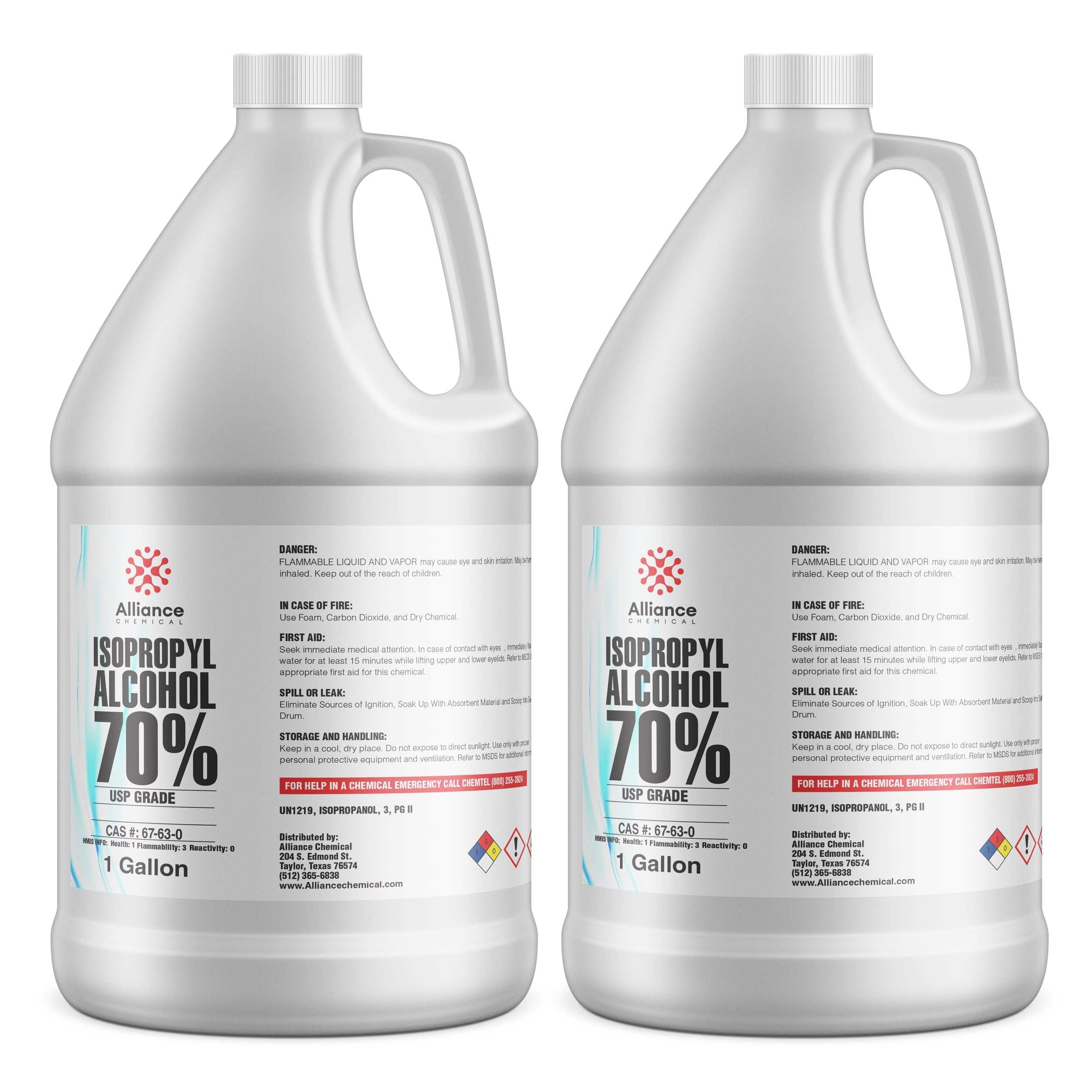 Two 1-gallon bottles of Alliance Chemical 70% Isopropyl Alcohol USP Grade with NFPA diamond hazard labels, safety warnings, and white HDPE containers.