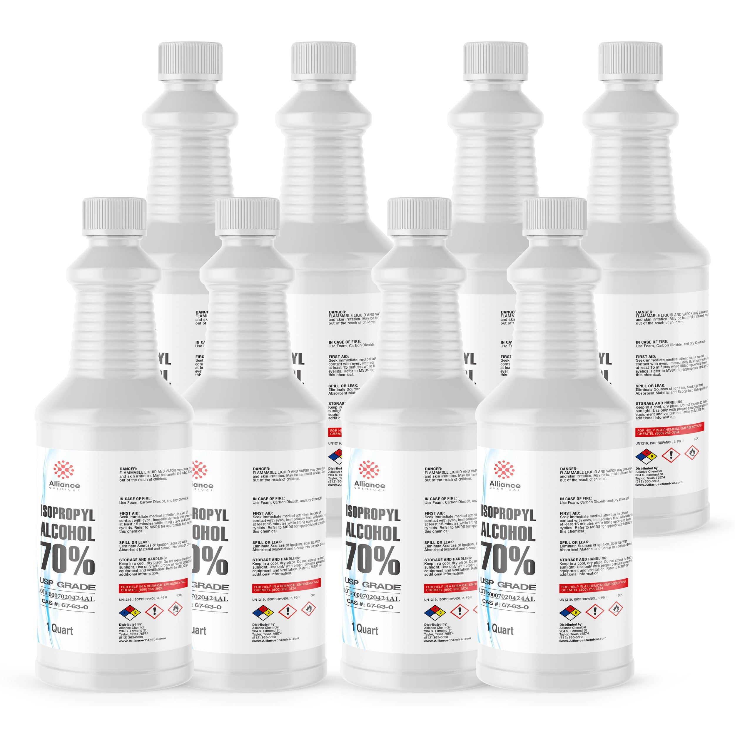 1-quart bottles of USP-grade 70% Isopropyl Alcohol in HDPE containers with safety warnings, NFPA diamond labels, and white screw caps.