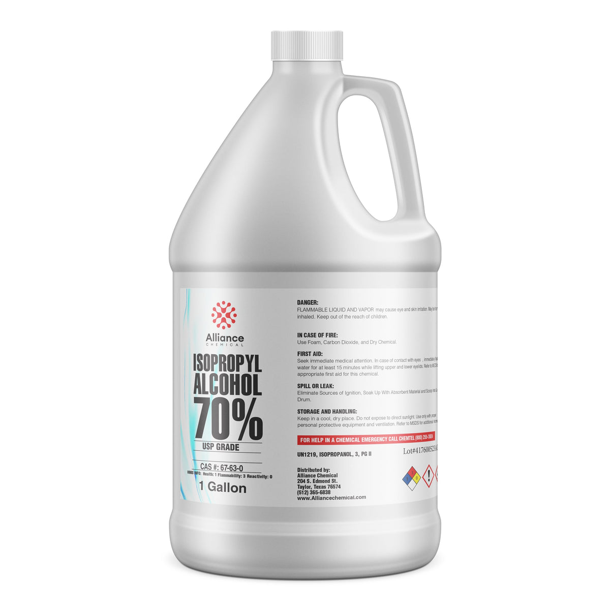 One 1-gallon HDPE jug of Alliance Chemical Isopropyl Alcohol 70% USP Grade with a white cap and product label.