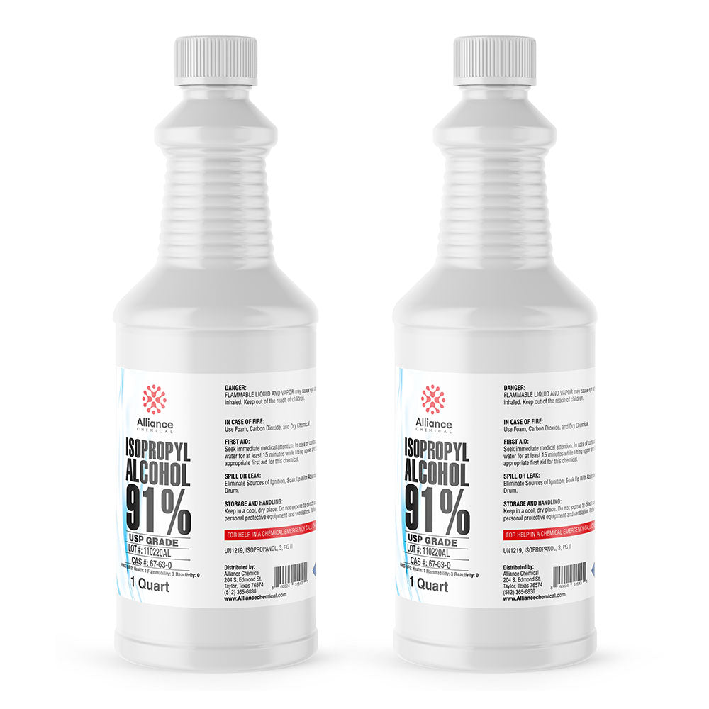 1-quart bottles of USP-grade 91% Isopropyl Alcohol in ribbed HDPE containers with safety warnings and Alliance Chemical branding.