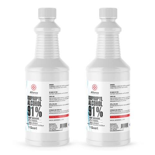 Alliance Chemical 1-quart bottles of USP-grade 91% Isopropyl Alcohol in ribbed HDPE containers