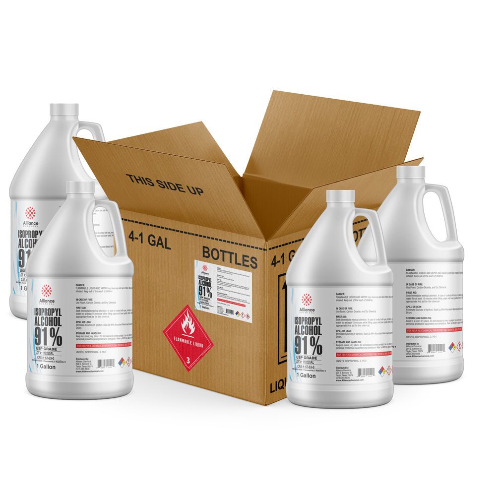 4x1-gallon bottles of 91% Isopropyl Alcohol in white HDPE containers with flammable liquid warning label, shipped in corrugated box marked THIS SIDE UP.