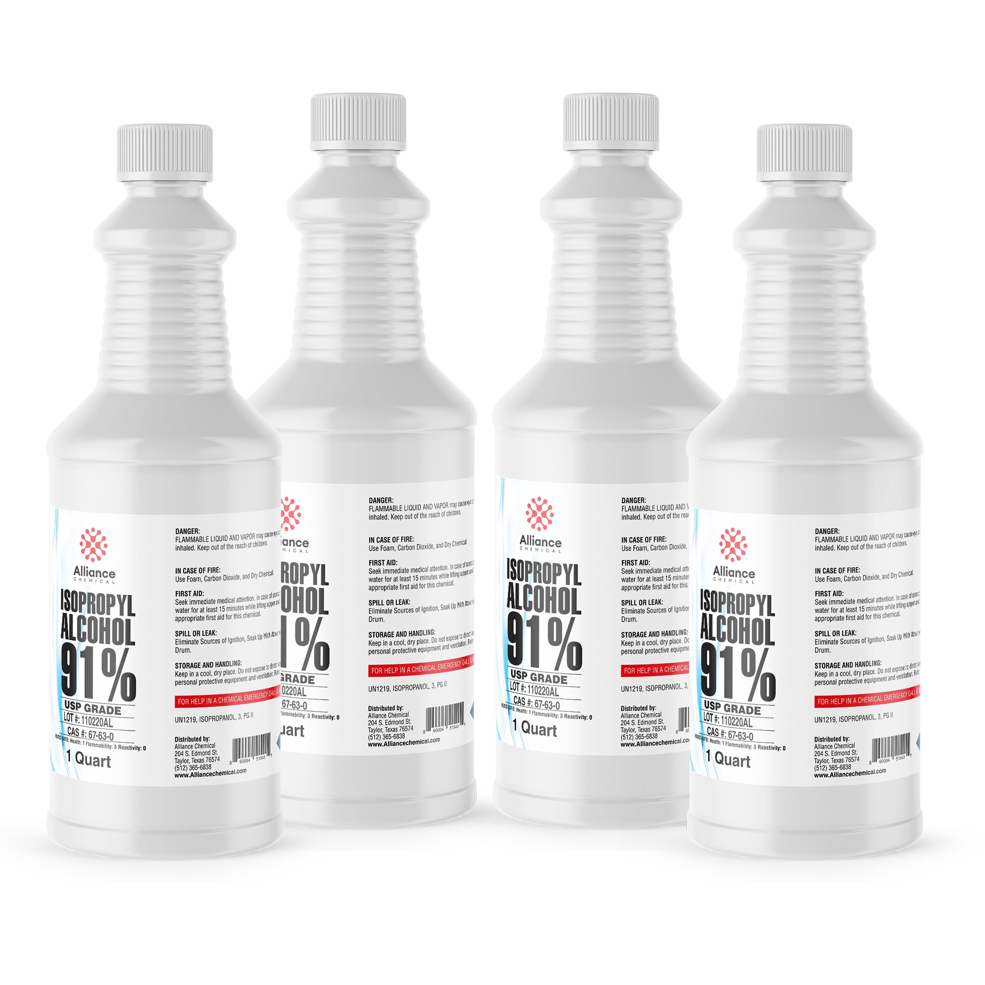 Four 1-quart bottles of USP-grade 91% Isopropyl Alcohol in white HDPE containers, featuring flammable liquid warning symbols and safety information labels.