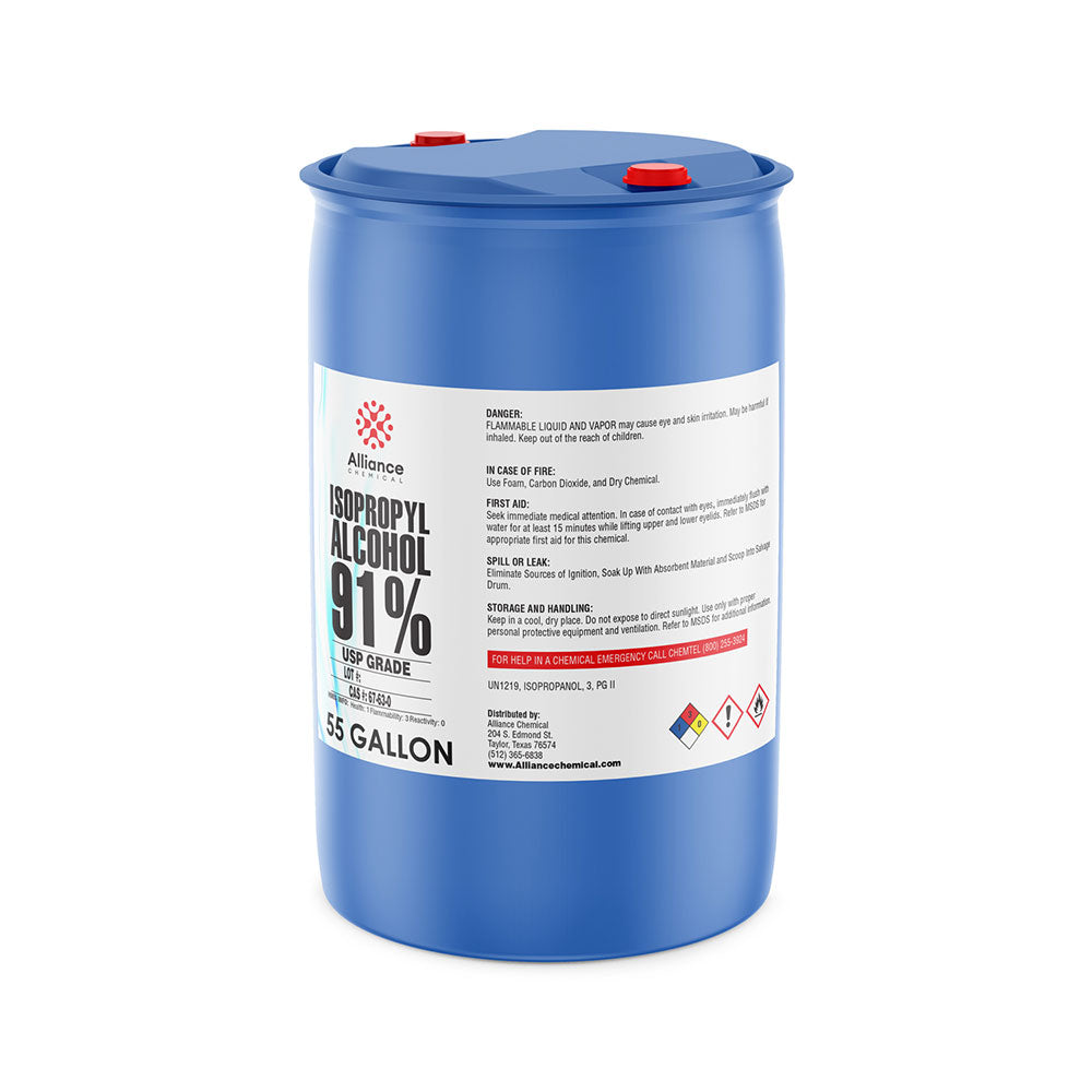 55-gallon blue HDPE drum of USP-grade 91% Isopropyl Alcohol with hazard warnings, NFPA diamond, and dual-port sealed lid.
