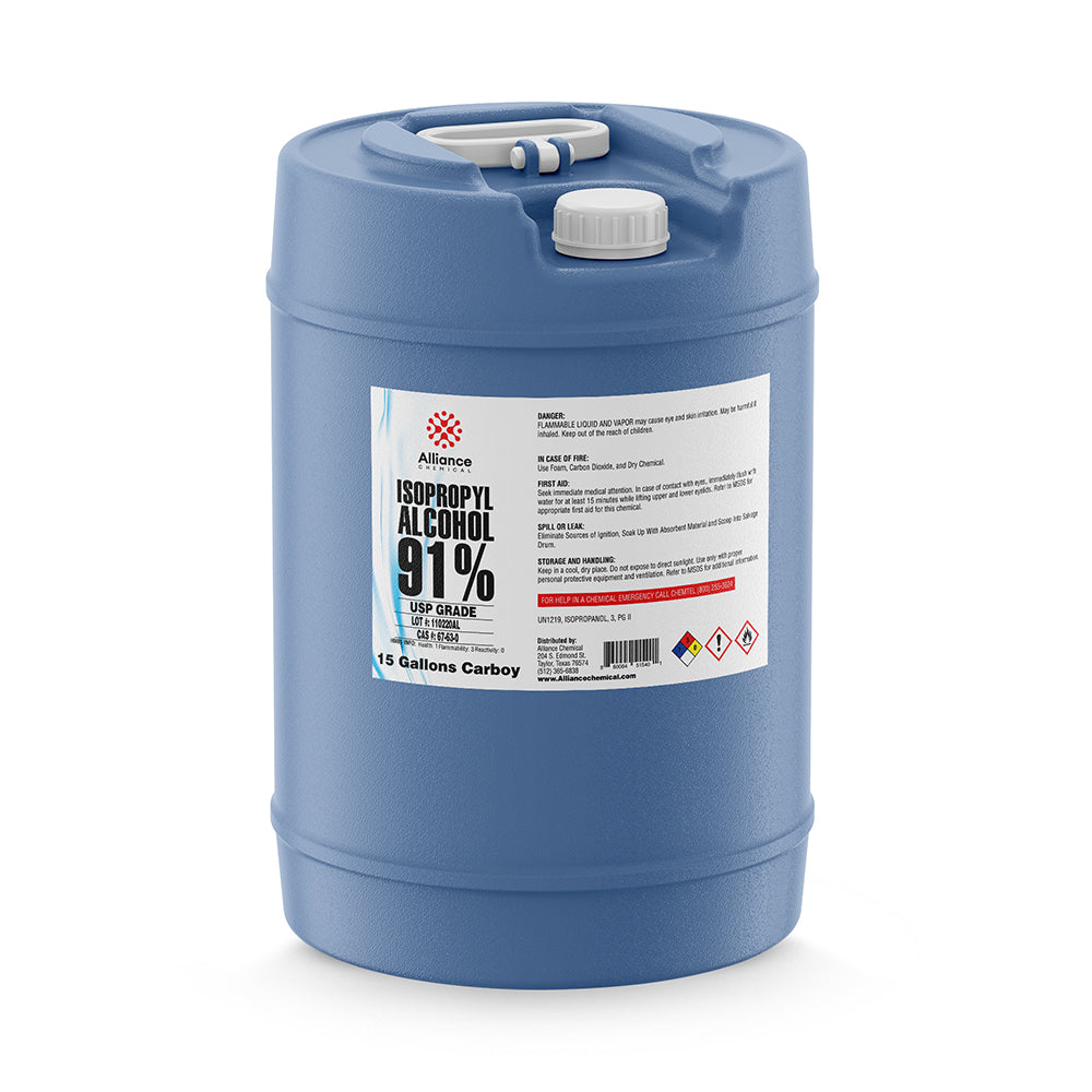 15-gallon blue carboy of USP-grade 91% Isopropyl Alcohol by Alliance Chemical safety labeling, and dual-port cap system